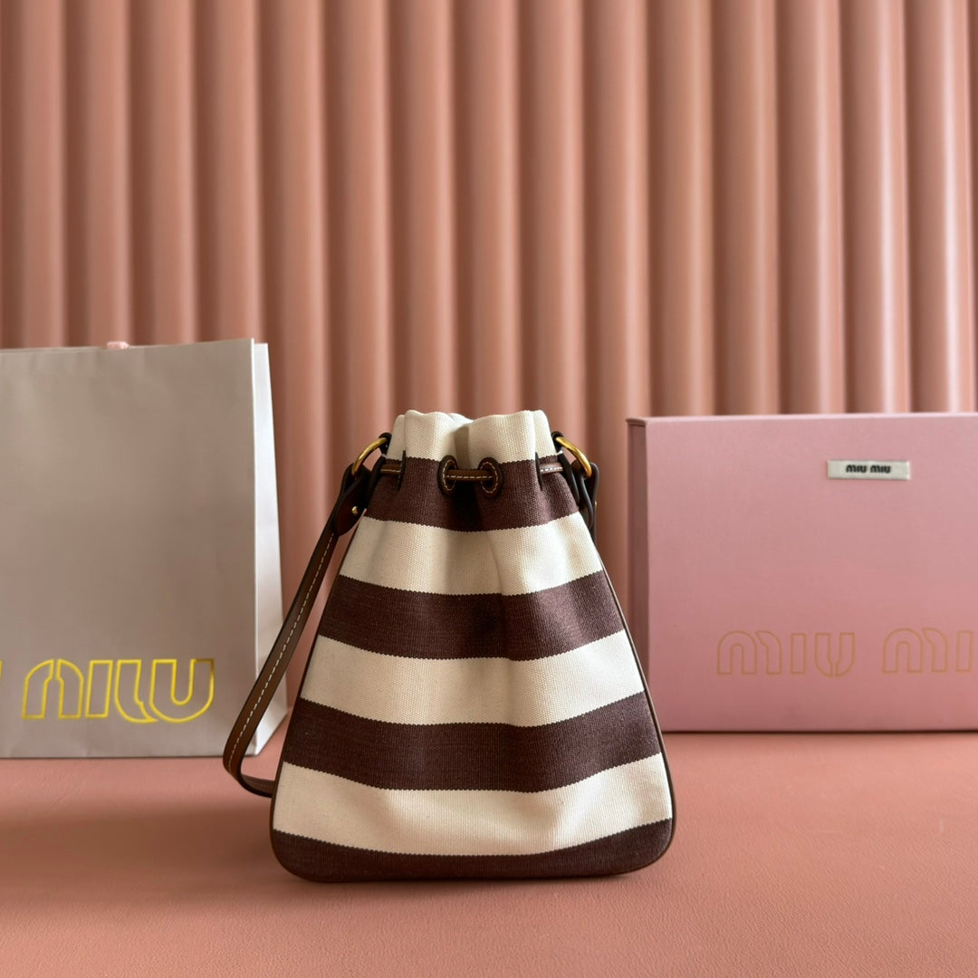 MIU MIU MIUMIU 26S BUCKET BAG 23 IN CREAM AND BROWN CANVAS GOLD HARDWARE