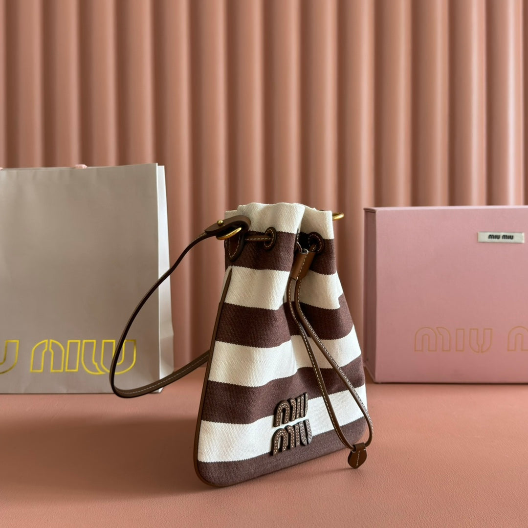 MIU MIU MIUMIU 26S BUCKET BAG 23 IN CREAM AND BROWN CANVAS GOLD HARDWARE