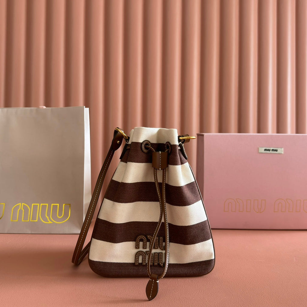 MIU MIU MIUMIU 26S BUCKET BAG 23 IN CREAM AND BROWN CANVAS GOLD HARDWARE