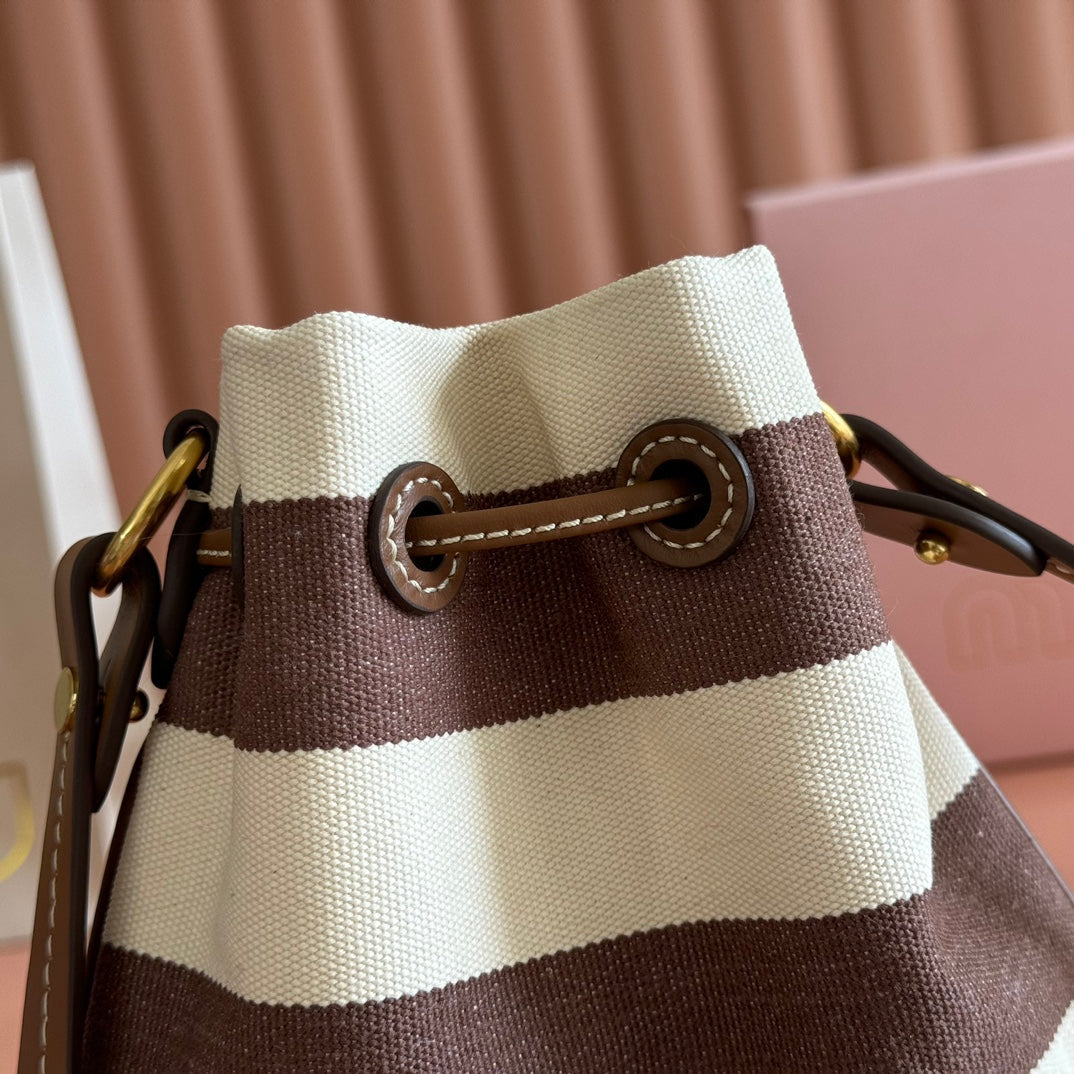 MIU MIU MIUMIU 26S BUCKET BAG 23 IN CREAM AND BROWN CANVAS GOLD HARDWARE