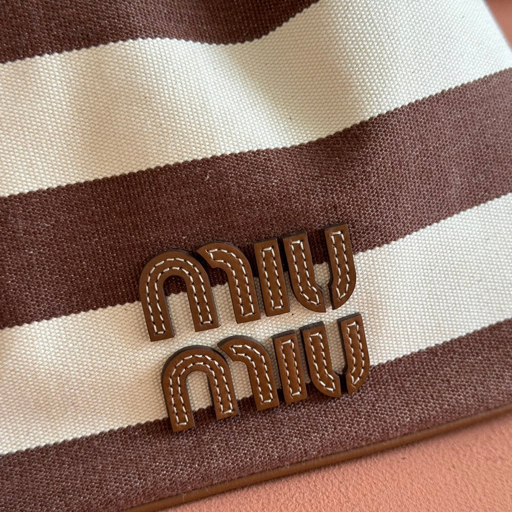 MIU MIU MIUMIU 26S BUCKET BAG 23 IN CREAM AND BROWN CANVAS GOLD HARDWARE