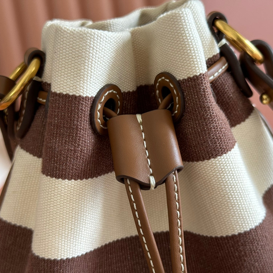 MIU MIU MIUMIU 26S BUCKET BAG 23 IN CREAM AND BROWN CANVAS GOLD HARDWARE