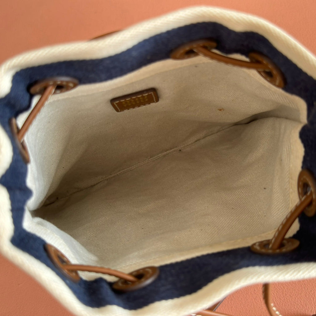 MIU MIU MIUMIU 26S BUCKET BAG 23 IN CREAM AND NAVY BLUE CANVAS GOLD HARDWARE