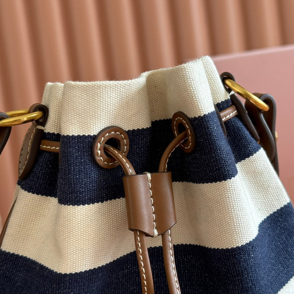MIU MIU MIUMIU 26S BUCKET BAG 23 IN CREAM AND NAVY BLUE CANVAS GOLD HARDWARE