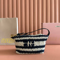 MIU MIU MIUMIU 26S POUCH BAG 25 IN CREAM AND NAVY WOOL WITH CALFSKIN HANDLE