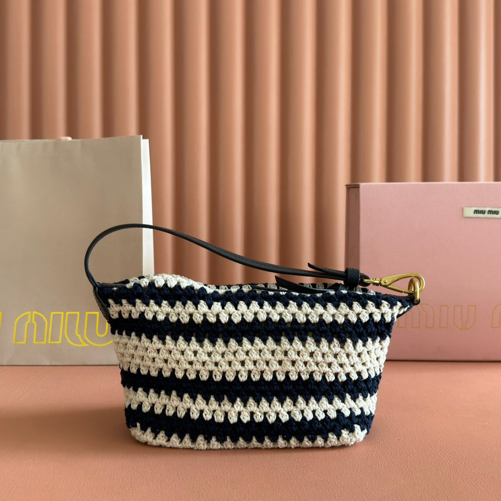MIU MIU MIUMIU 26S POUCH BAG 25 IN CREAM AND NAVY WOOL WITH CALFSKIN HANDLE
