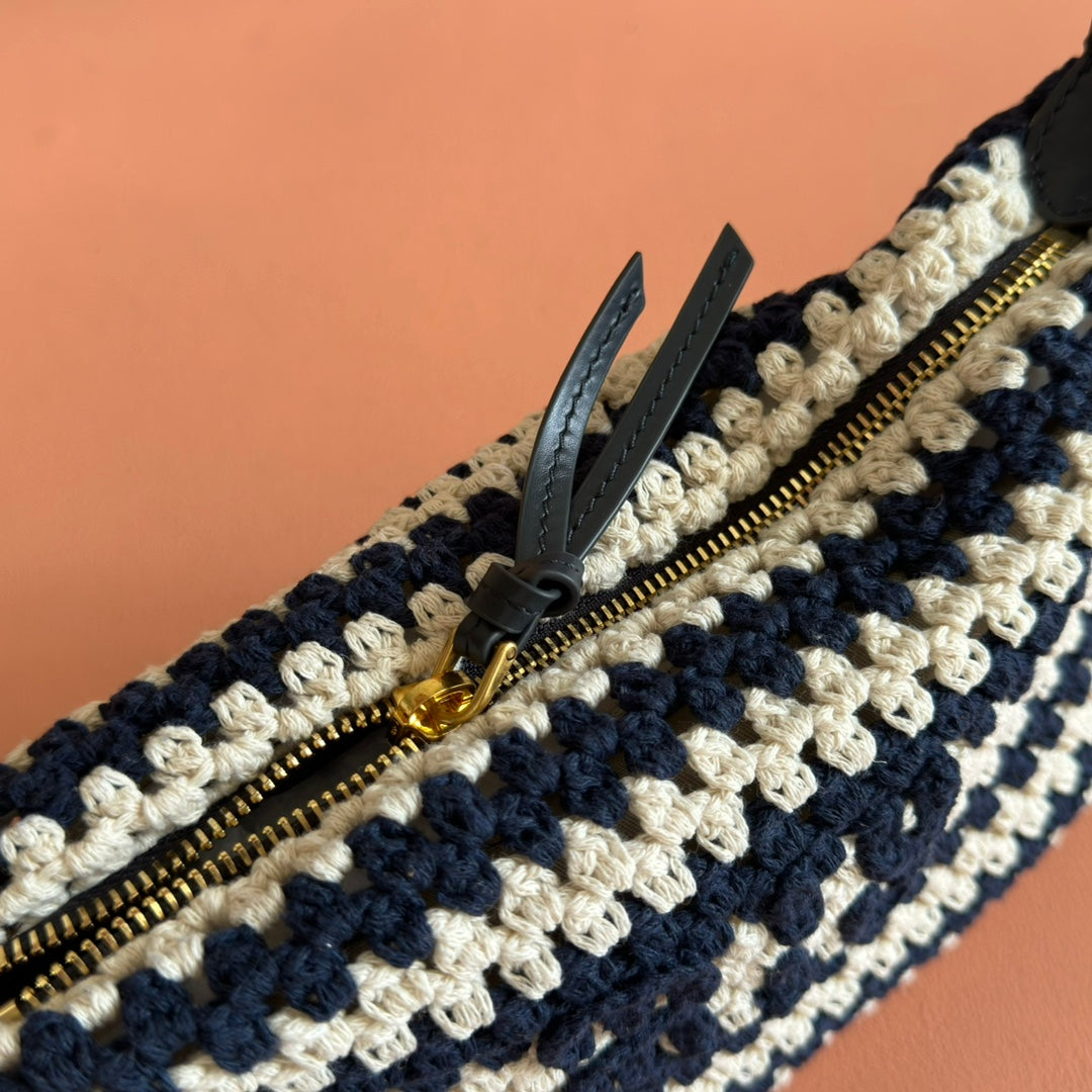MIU MIU MIUMIU 26S POUCH BAG 25 IN CREAM AND NAVY WOOL WITH CALFSKIN HANDLE