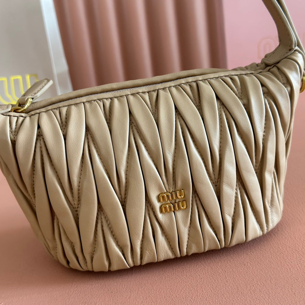 MIU MIU MIUMIU 26S POUCH BAG 15 IN DARK BEIGE CALFSKIN GOLD HARDWARE