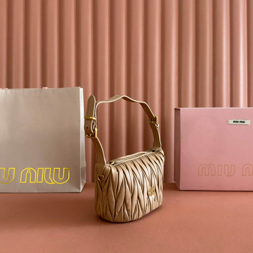 MIU MIU MIUMIU 26S POUCH BAG 15 IN DARK BEIGE CALFSKIN GOLD HARDWARE