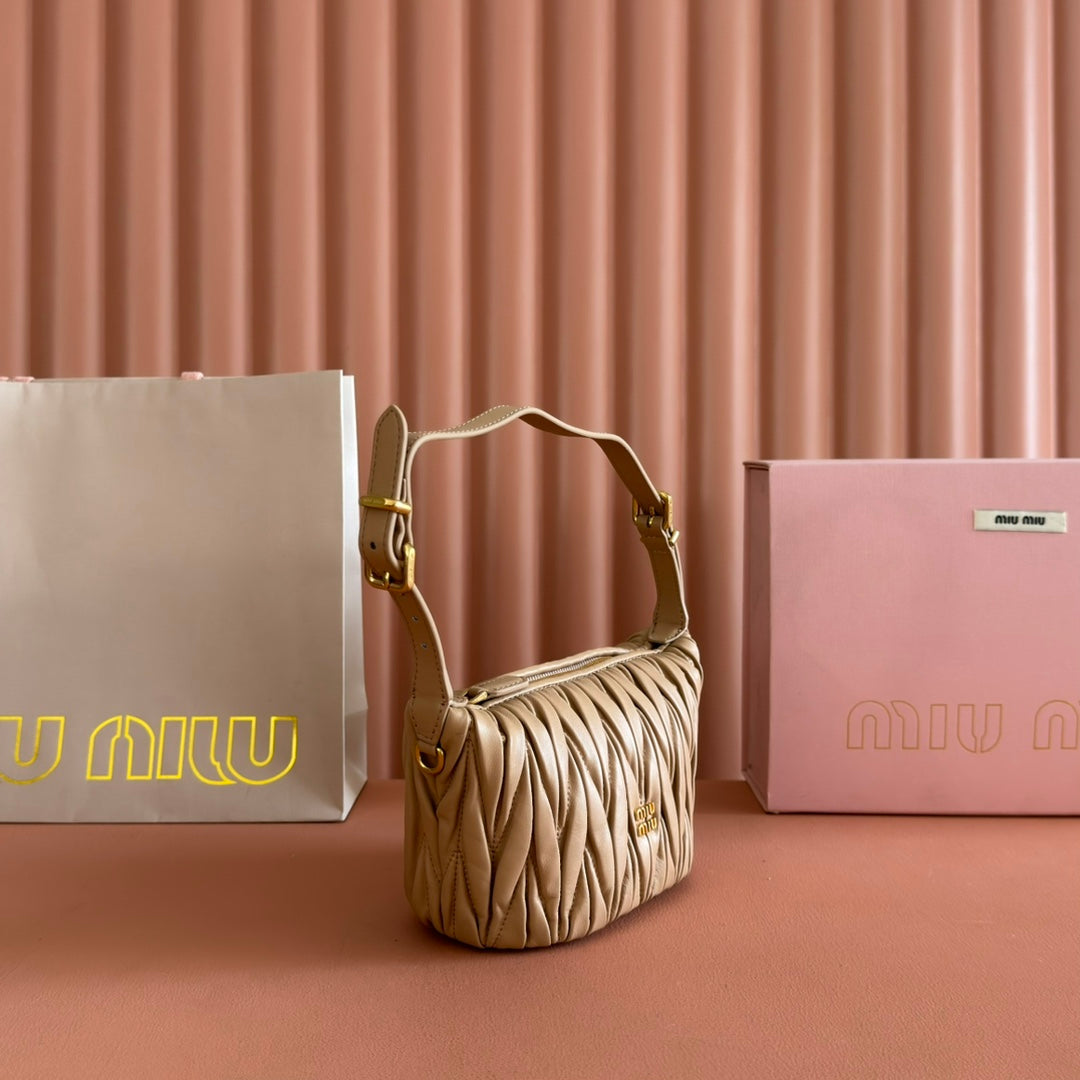 MIU MIU MIUMIU 26S POUCH BAG 15 IN DARK BEIGE CALFSKIN GOLD HARDWARE