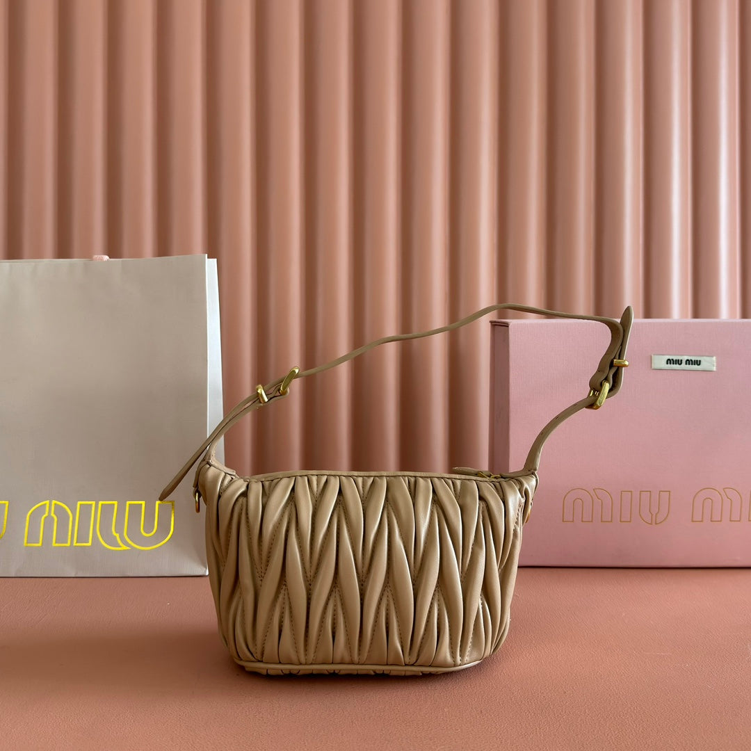 MIU MIU MIUMIU 26S POUCH BAG 15 IN DARK BEIGE CALFSKIN GOLD HARDWARE