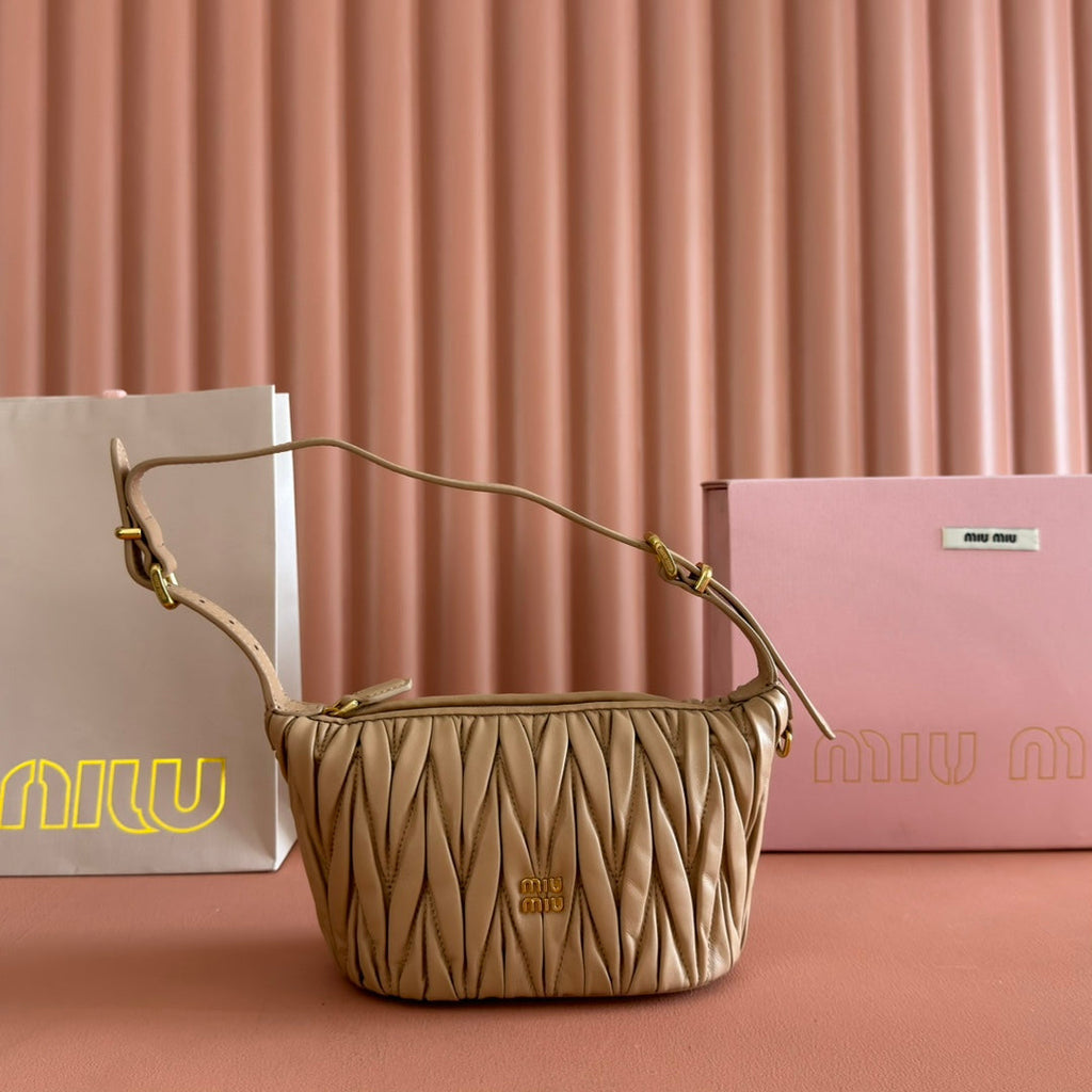MIU MIU MIUMIU 26S POUCH BAG 15 IN DARK BEIGE CALFSKIN GOLD HARDWARE