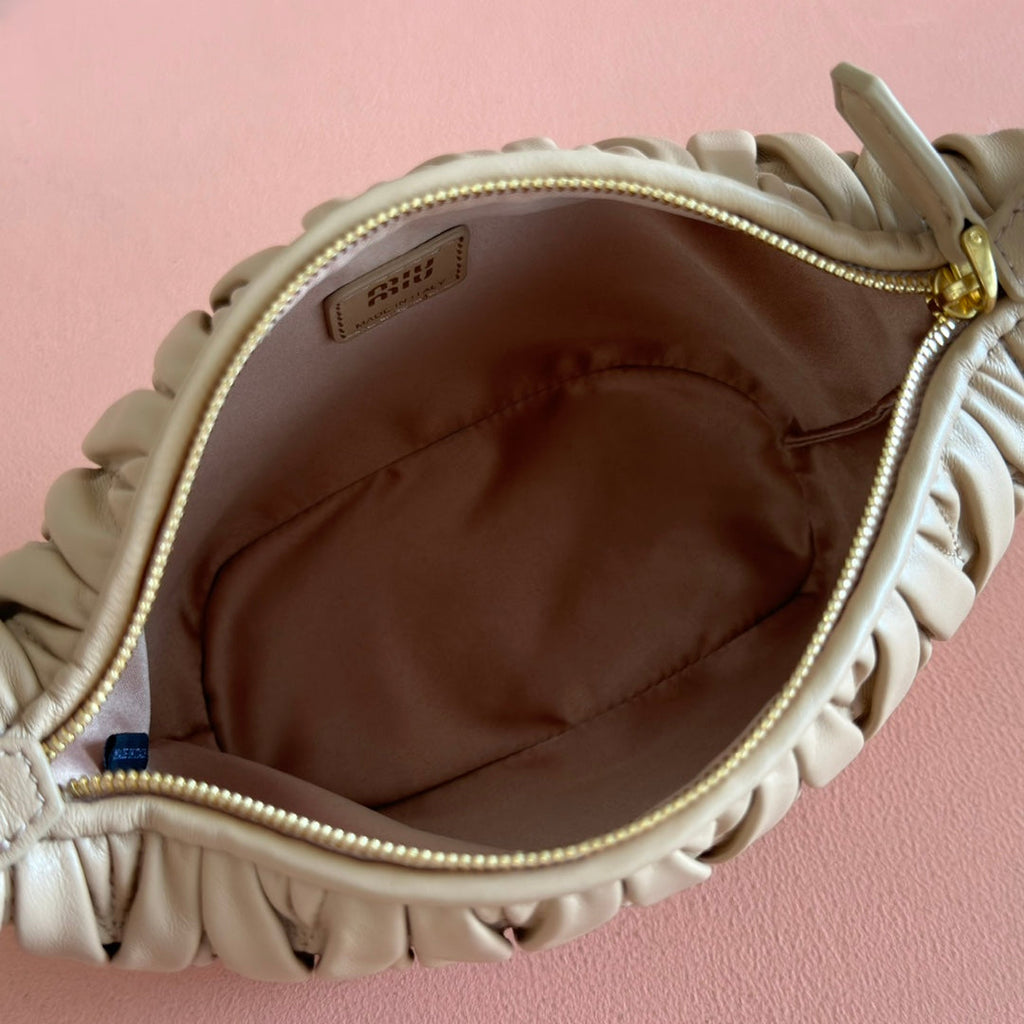 MIU MIU MIUMIU 26S POUCH BAG 15 IN DARK BEIGE CALFSKIN GOLD HARDWARE