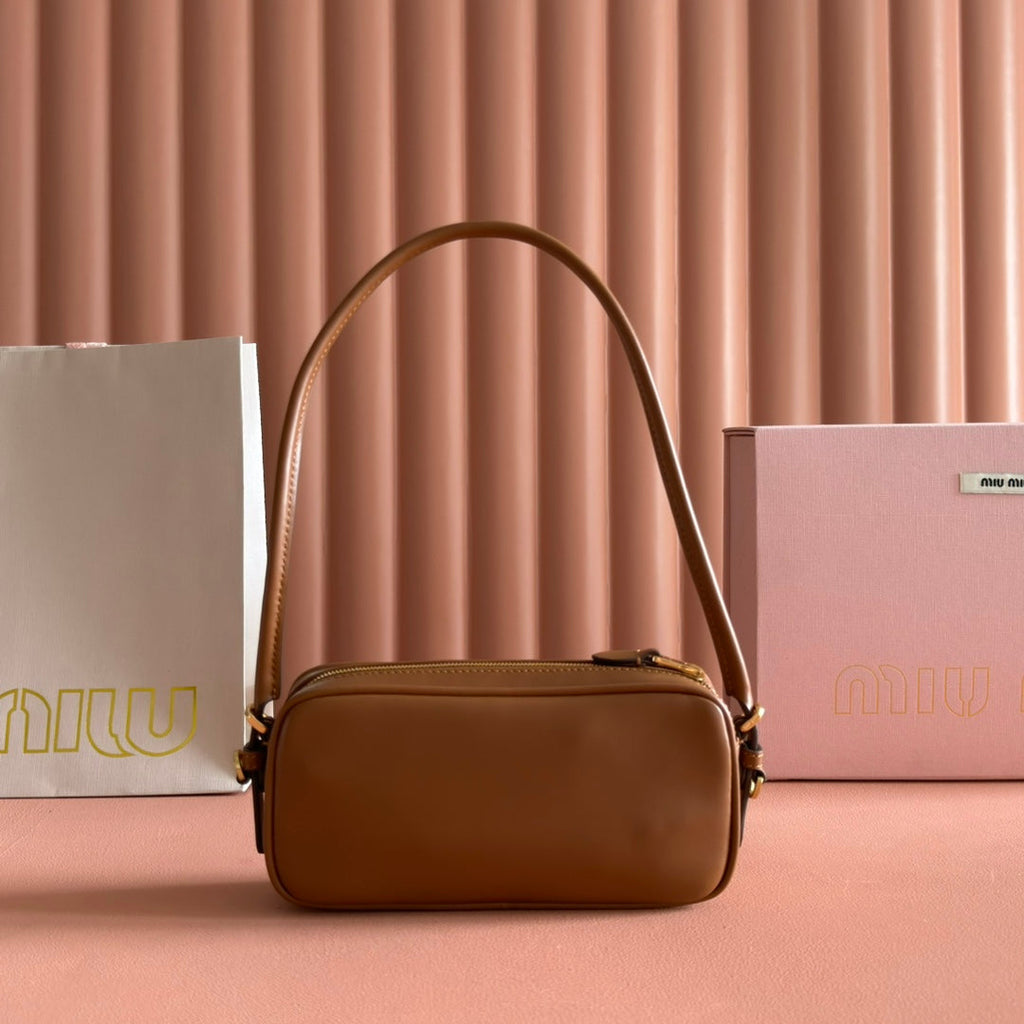 MIU MIU MIUMIU 26S POUCH BAG 20 IN TAN BROWN CALFSKIN GOLD HARDWARE
