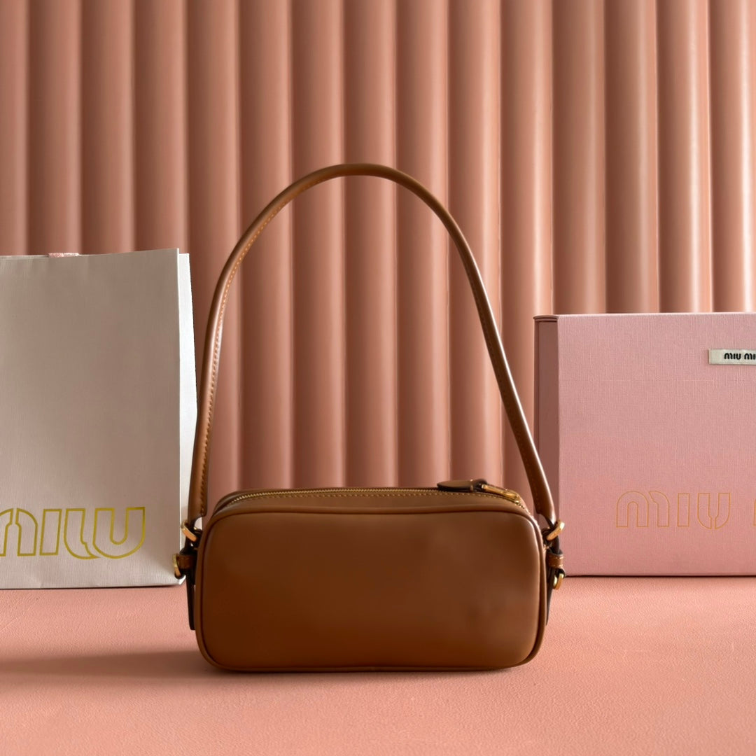 MIU MIU MIUMIU 26S POUCH BAG 20 IN TAN BROWN CALFSKIN GOLD HARDWARE