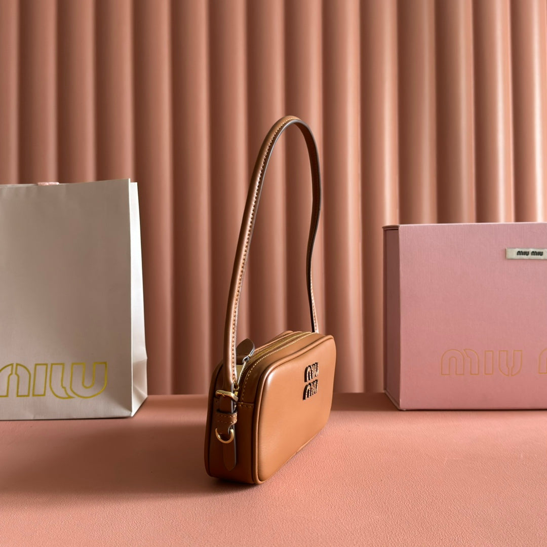 MIU MIU MIUMIU 26S POUCH BAG 20 IN TAN BROWN CALFSKIN GOLD HARDWARE