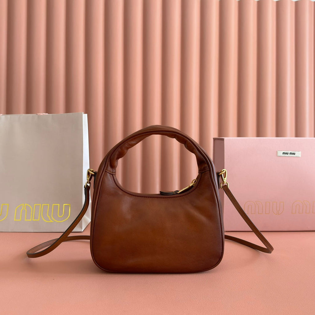 MIU MIU MIUMIU 26S WANDER BAG 20 IN BROWN CALFSKIN GOLD HARDWARE