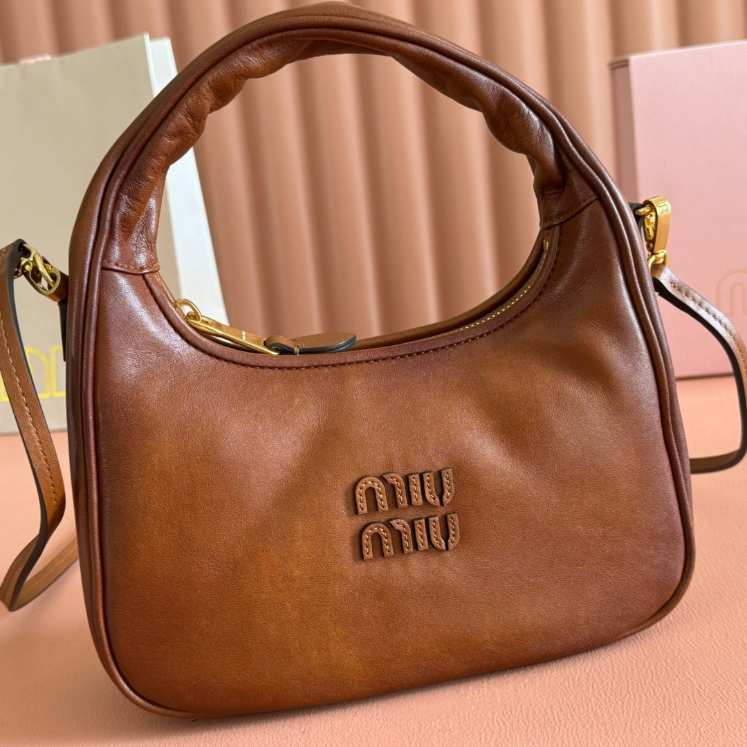 MIU MIU MIUMIU 26S WANDER BAG 20 IN BROWN CALFSKIN GOLD HARDWARE