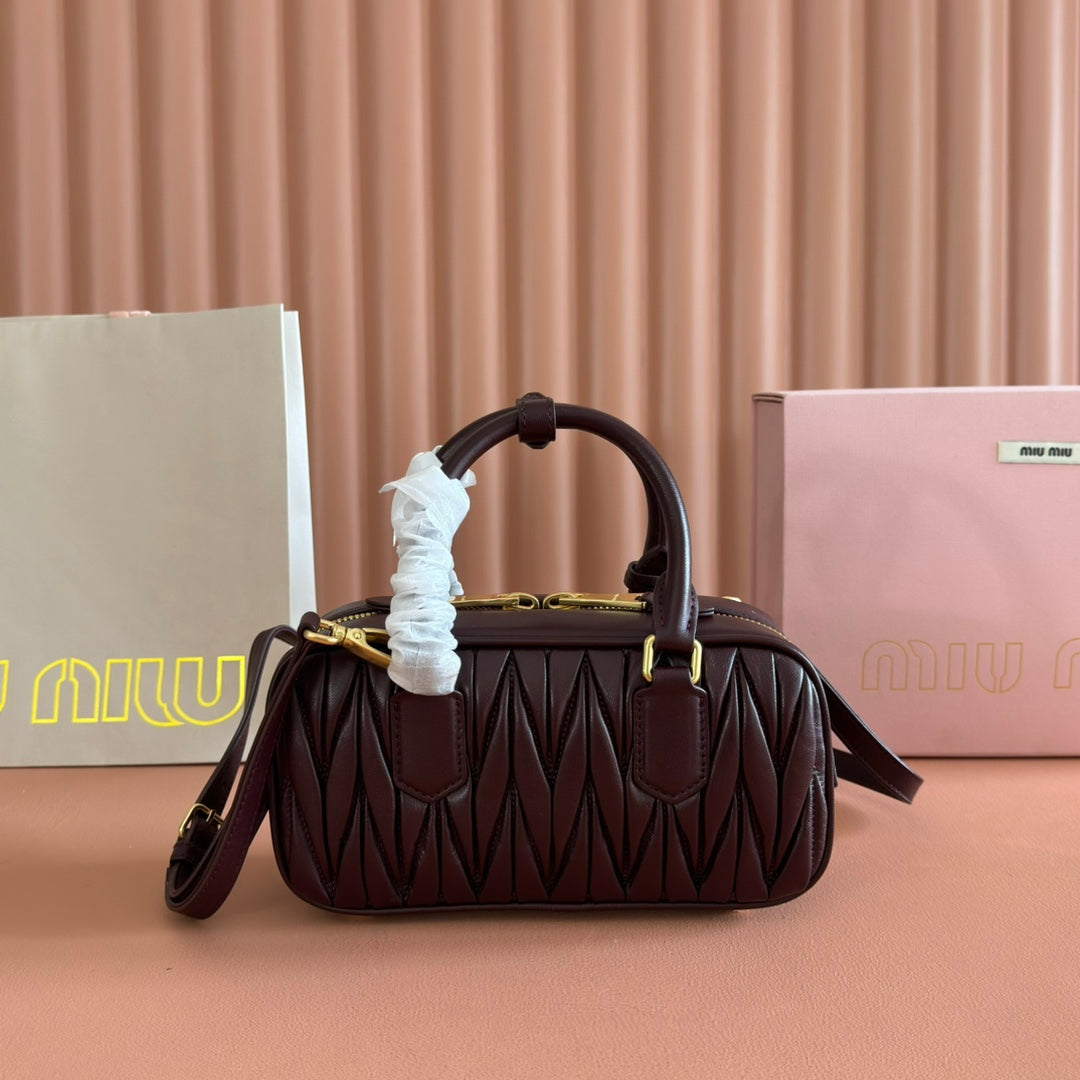 MIU MIU MIUMIU 26S ARCADIE MATELASSE BAG 22 IN DARK BROWN CALFSKIN GOLD HARDWARE