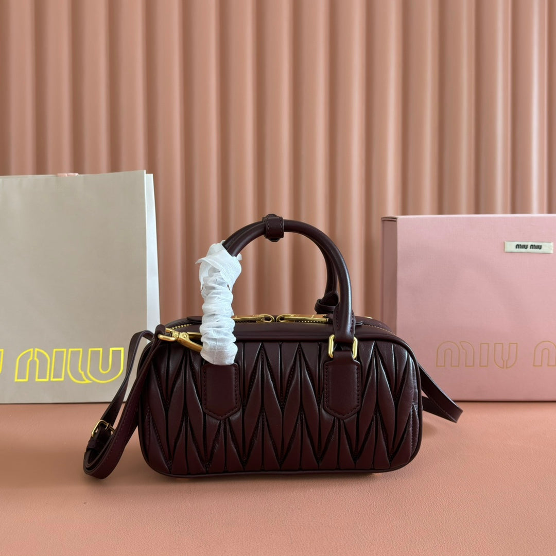 MIU MIU MIUMIU 26S ARCADIE MATELASSE BAG 22 IN DARK BROWN CALFSKIN GOLD HARDWARE