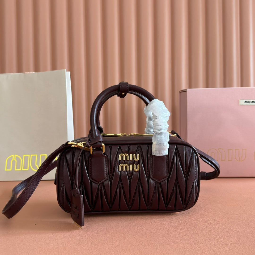 MIU MIU MIUMIU 26S ARCADIE MATELASSE BAG 22 IN DARK BROWN CALFSKIN GOLD HARDWARE