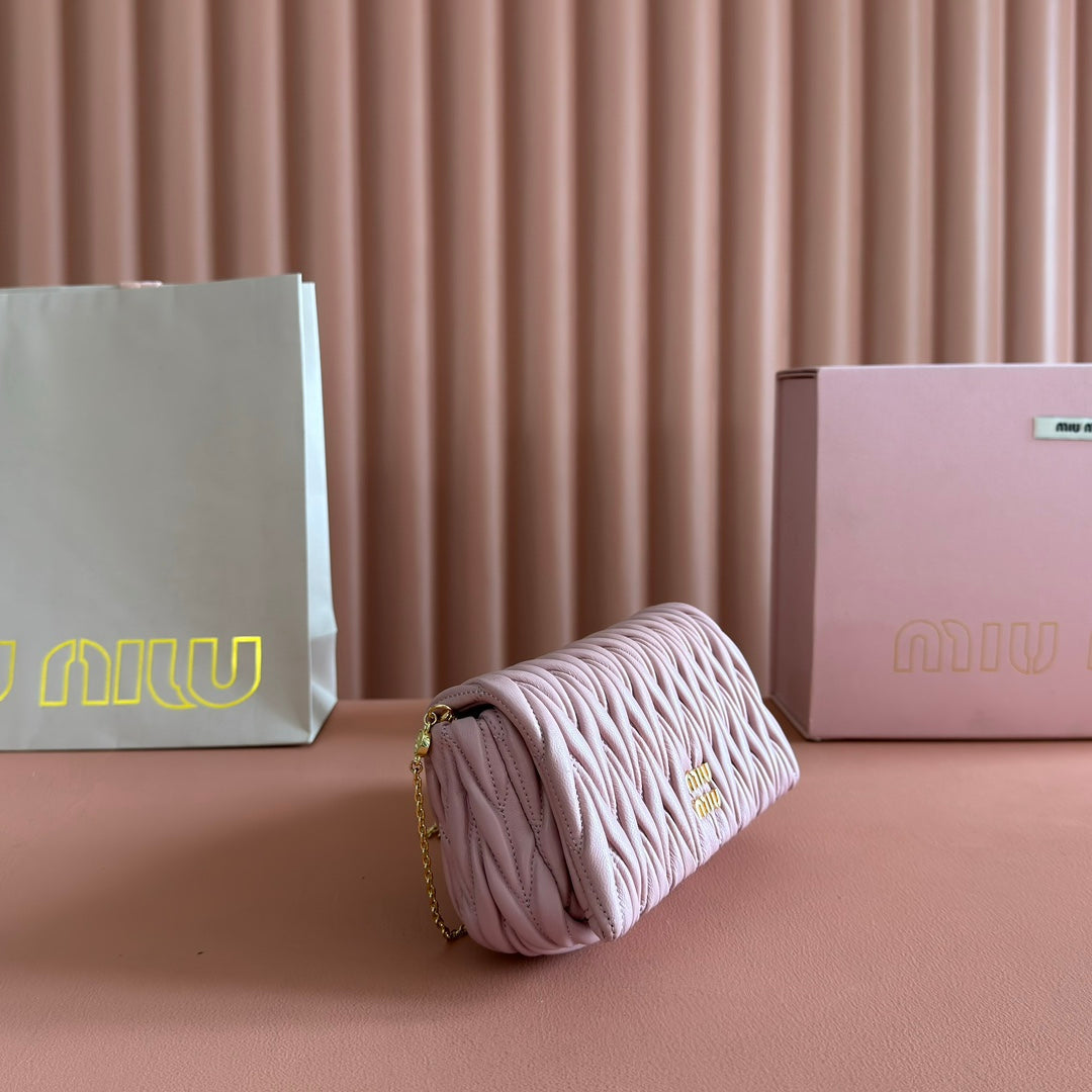 MIU MIU MIUMIU 26S MATELASSE MINI BAG 18 IN PINK CALFSKIN GOLD HARDWARE