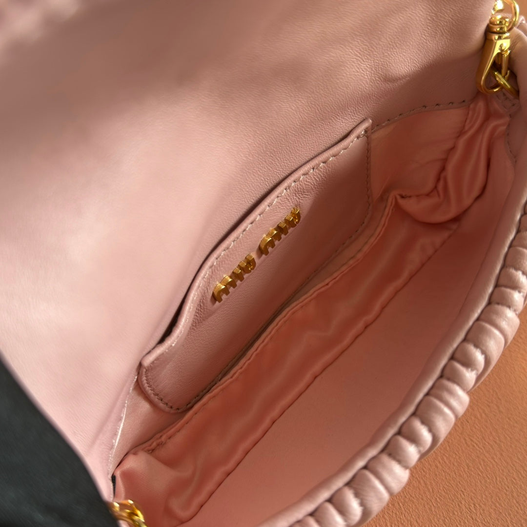 MIU MIU MIUMIU 26S MATELASSE MINI BAG 18 IN PINK CALFSKIN GOLD HARDWARE