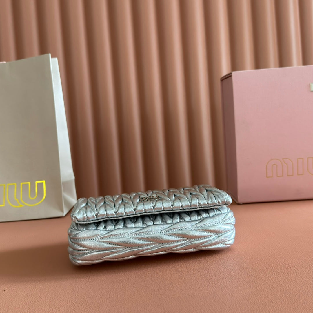 MIU MIU MIUMIU 26S MATELASSE MINI BAG 18 IN SILVER CALFSKIN SILVER HARDWARE