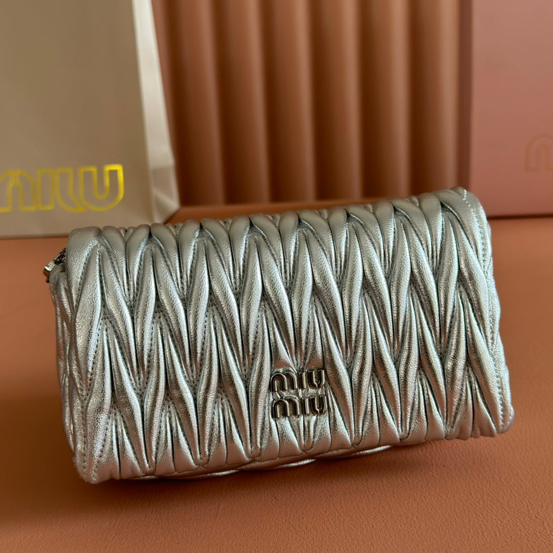 MIU MIU MIUMIU 26S MATELASSE MINI BAG 18 IN SILVER CALFSKIN SILVER HARDWARE