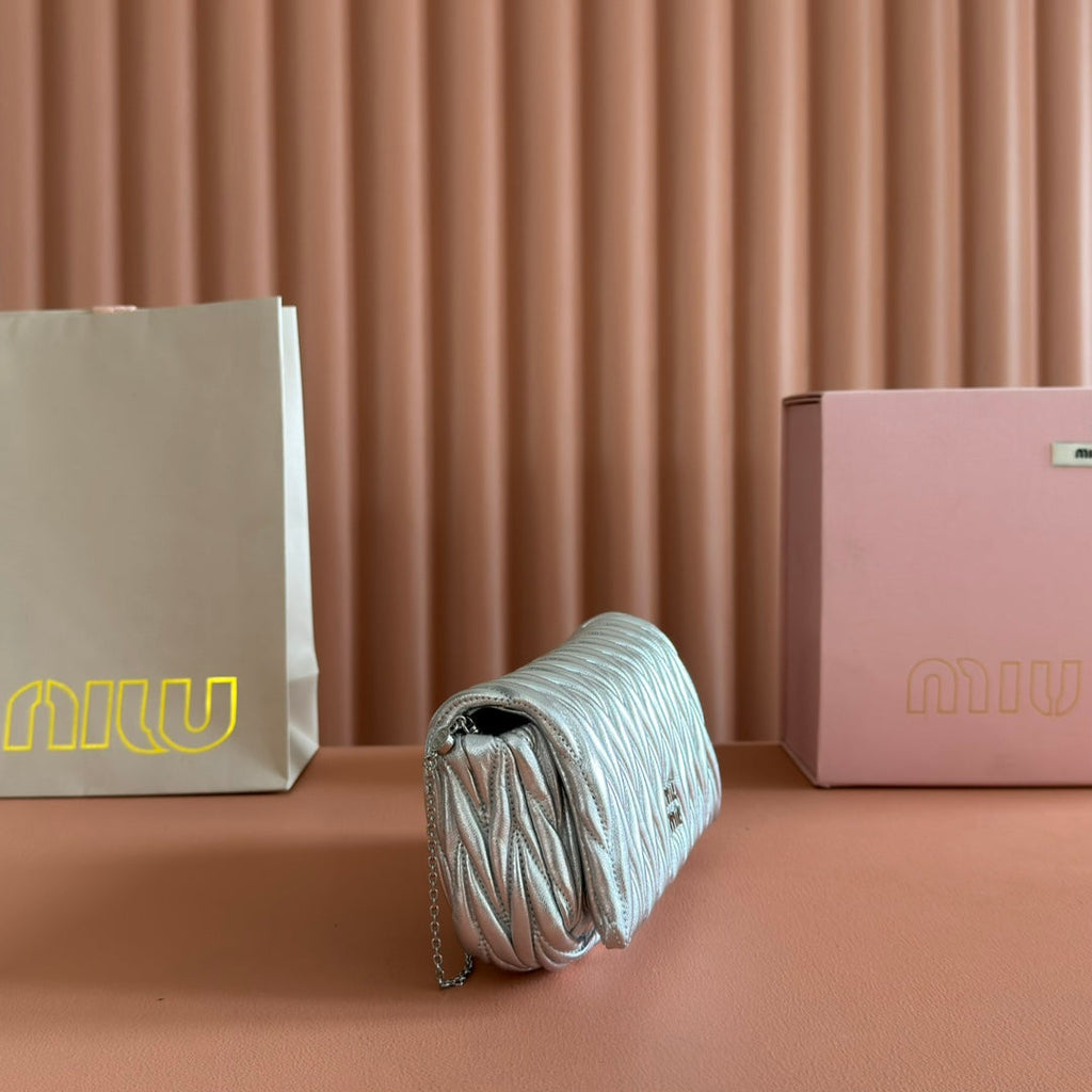 MIU MIU MIUMIU 26S MATELASSE MINI BAG 18 IN SILVER CALFSKIN SILVER HARDWARE