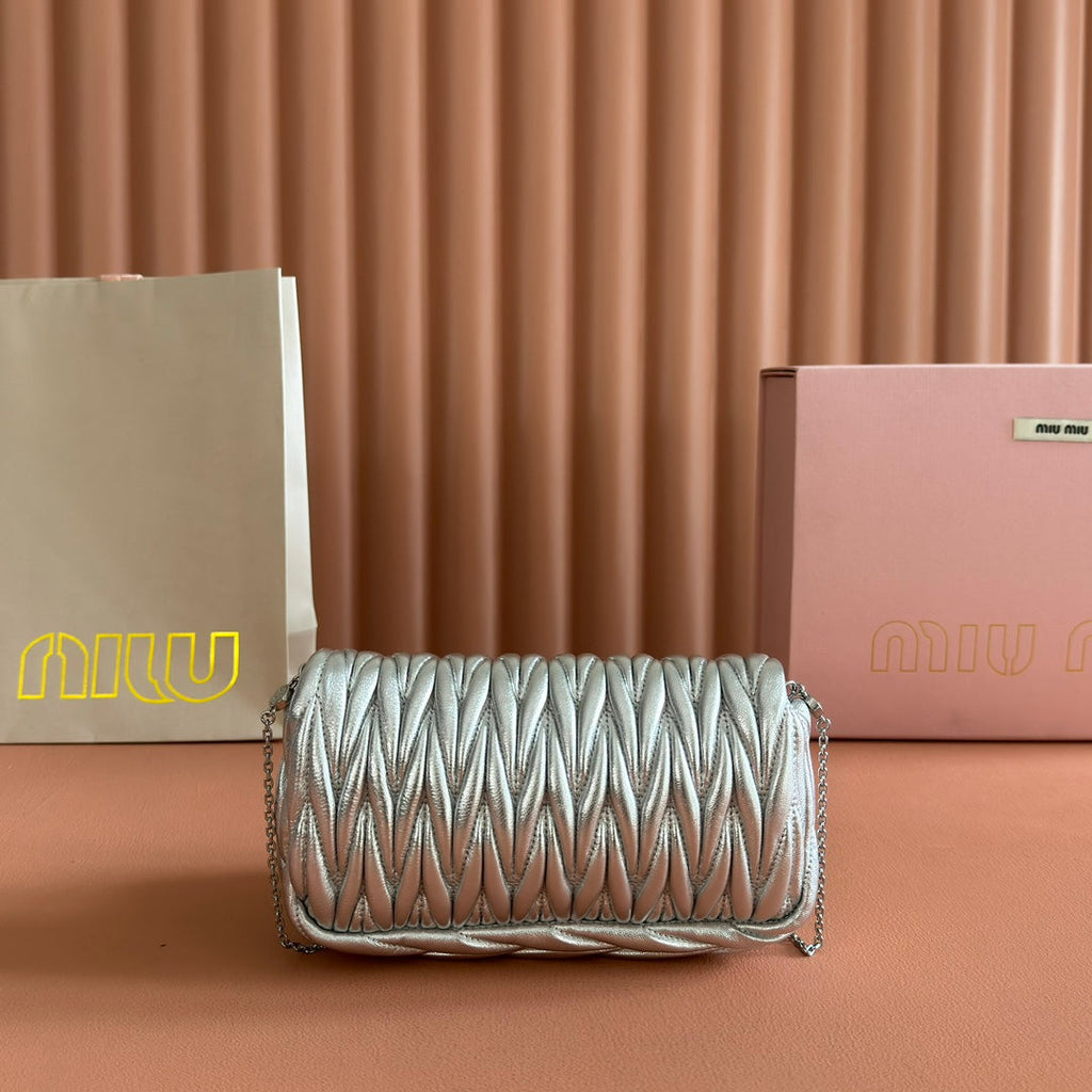 MIU MIU MIUMIU 26S MATELASSE MINI BAG 18 IN SILVER CALFSKIN SILVER HARDWARE