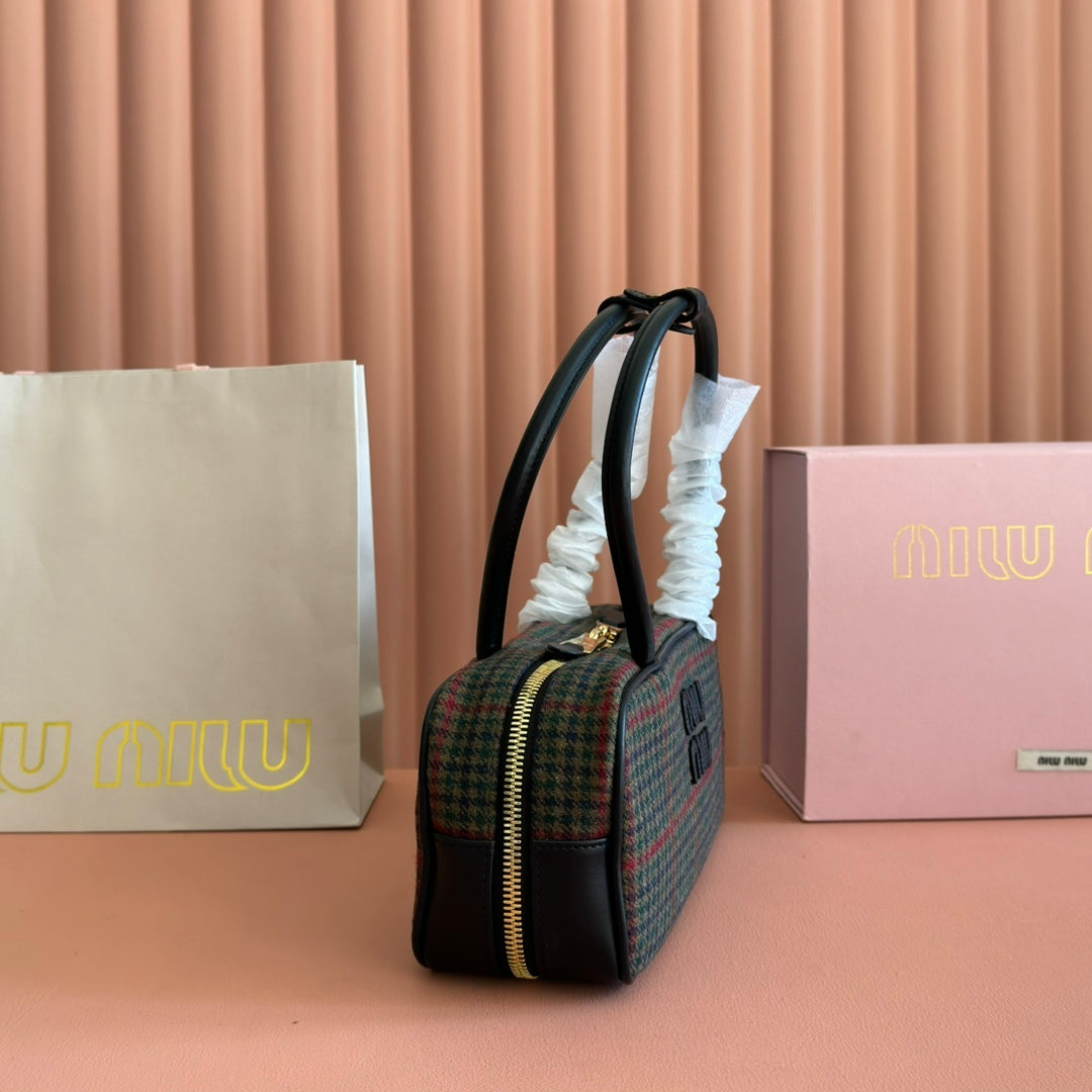 MIU MIU MIUMIU 26S BEAU CANVAS BAG 28 IN MULTICOLOR WOOL AND BLACK CALFSKIN