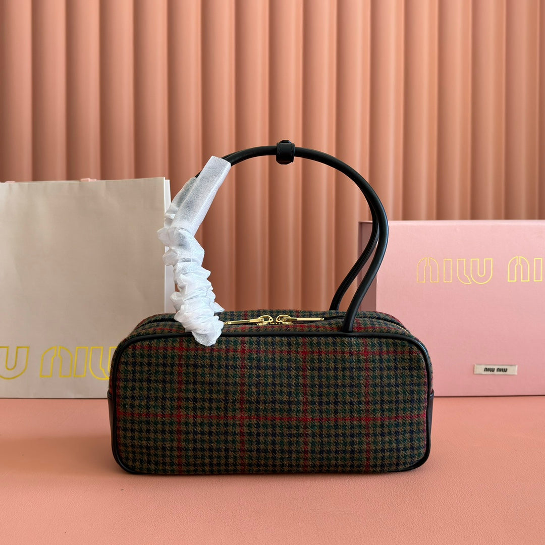MIU MIU MIUMIU 26S BEAU CANVAS BAG 28 IN MULTICOLOR WOOL AND BLACK CALFSKIN