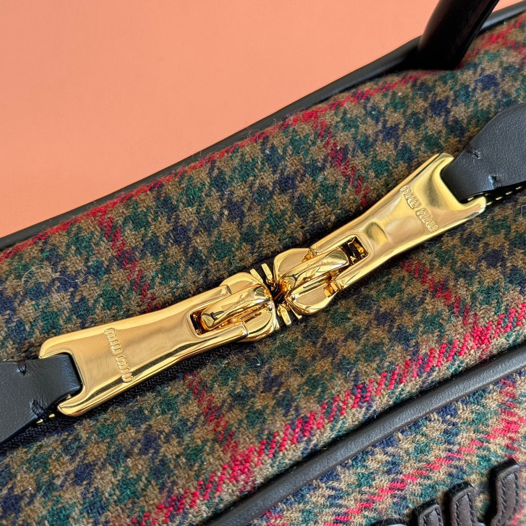 MIU MIU MIUMIU 26S BEAU CANVAS BAG 28 IN MULTICOLOR WOOL AND BLACK CALFSKIN