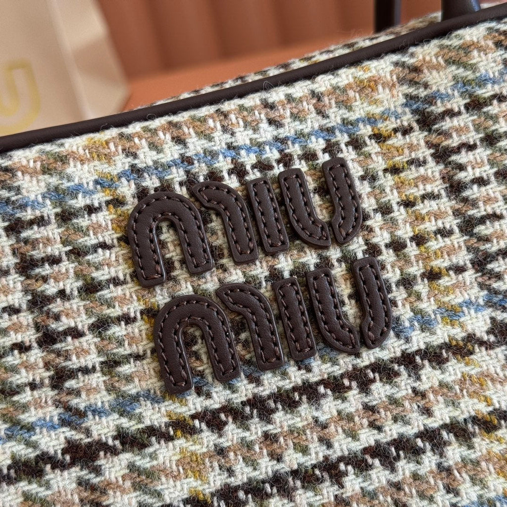 MIU MIU MIUMIU 26S BEAU CANVAS BAG 28 IN MULTICOLOR WOOL AND BROWN CALFSKIN