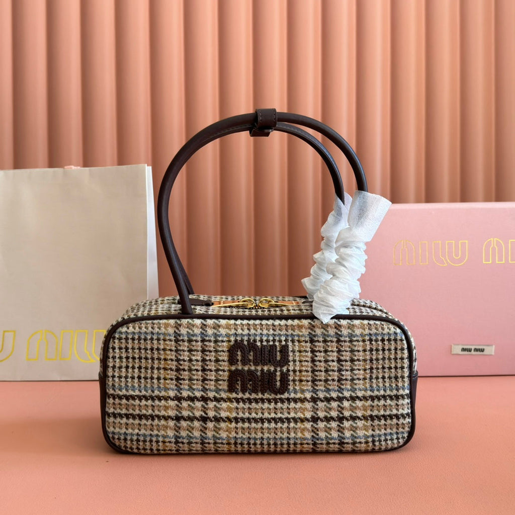 MIU MIU MIUMIU 26S BEAU CANVAS BAG 28 IN MULTICOLOR WOOL AND BROWN CALFSKIN