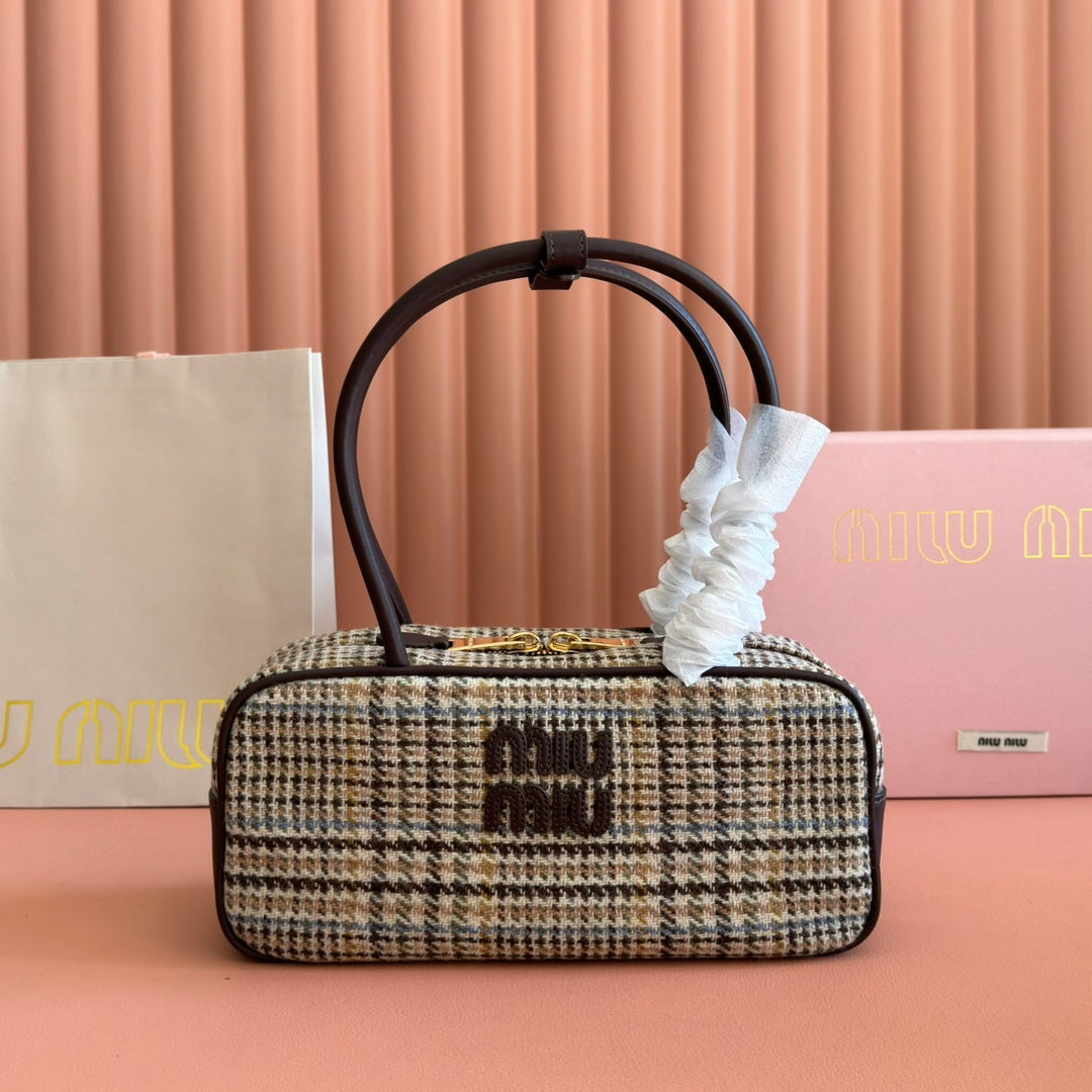MIU MIU MIUMIU 26S BEAU CANVAS BAG 28 IN MULTICOLOR WOOL AND BROWN CALFSKIN