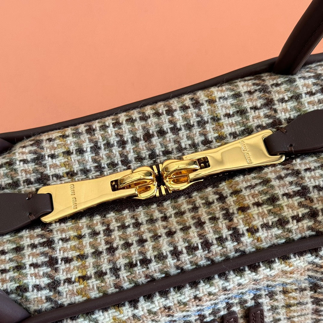 MIU MIU MIUMIU 26S BEAU CANVAS BAG 28 IN MULTICOLOR WOOL AND BROWN CALFSKIN