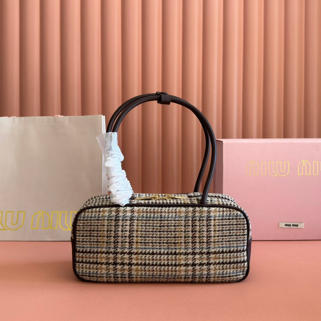 MIU MIU MIUMIU 26S BEAU CANVAS BAG 28 IN MULTICOLOR WOOL AND BROWN CALFSKIN