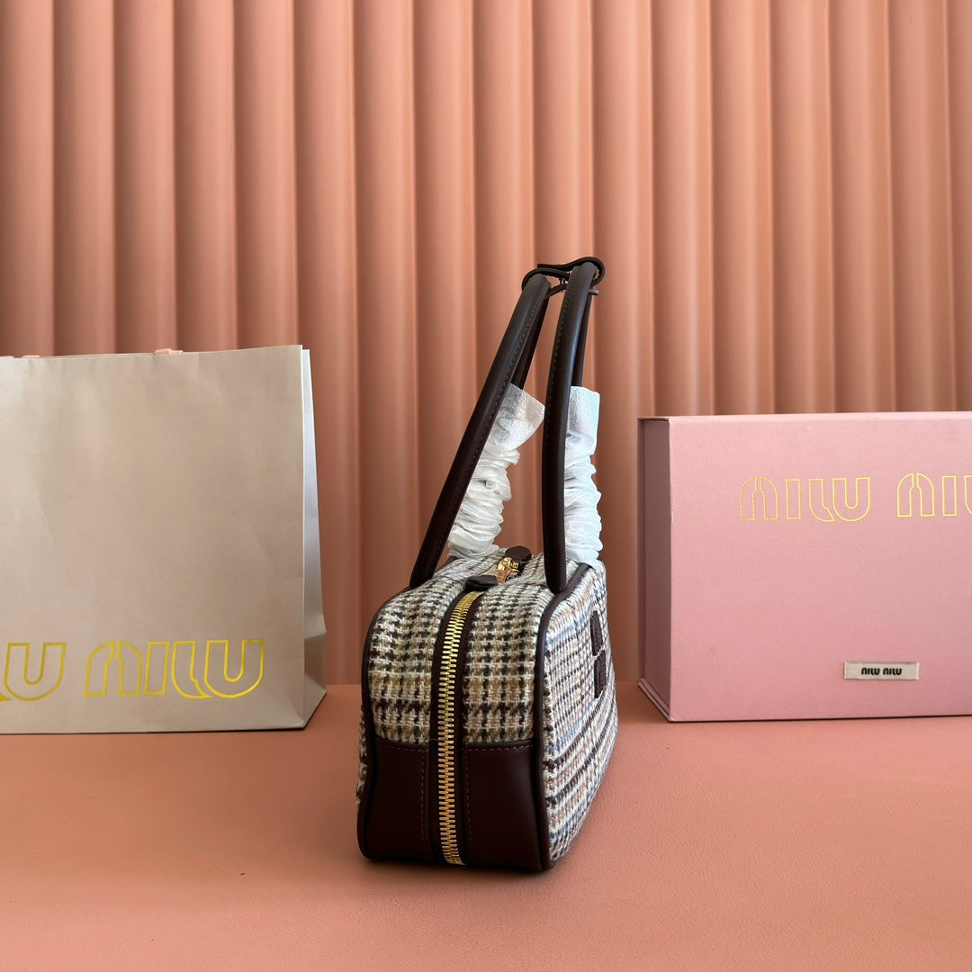MIU MIU MIUMIU 26S BEAU CANVAS BAG 28 IN MULTICOLOR WOOL AND BROWN CALFSKIN