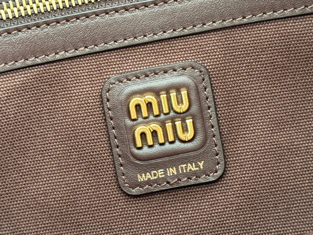 MIU MIU MIUMIU 26S IVY 40 TOTE IN CHOCOLATE BROWN CANVAS AND DARK BROWN CALFSKIN