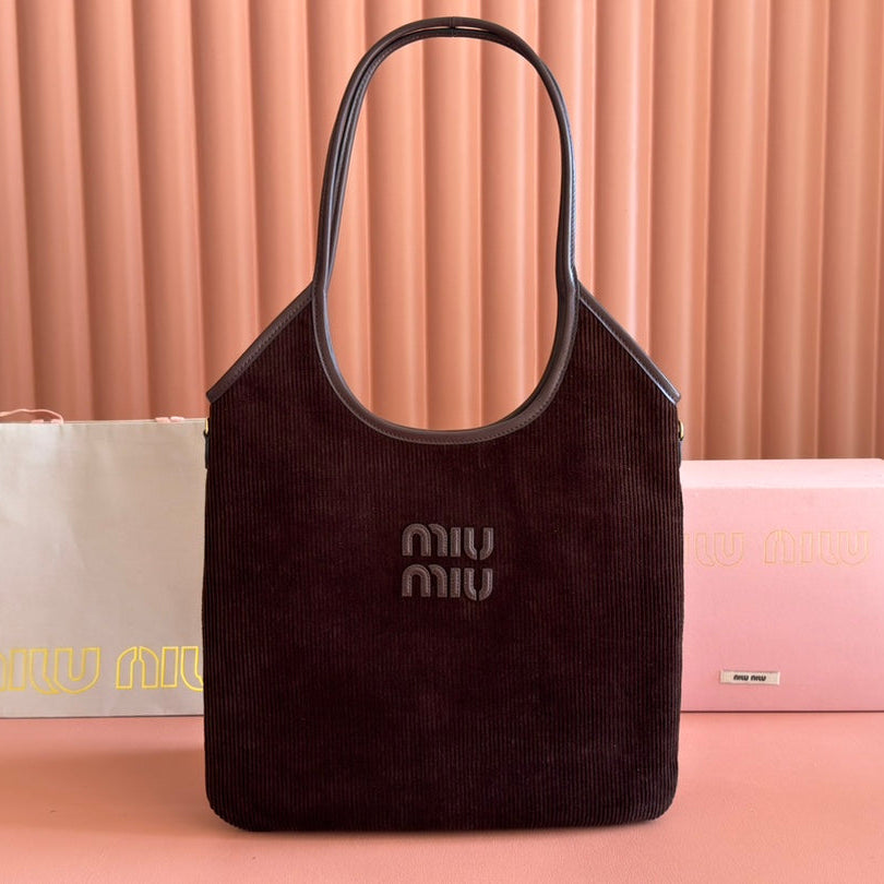 MIU MIU MIUMIU 26S IVY 40 TOTE IN CHOCOLATE BROWN CANVAS AND DARK BROWN CALFSKIN