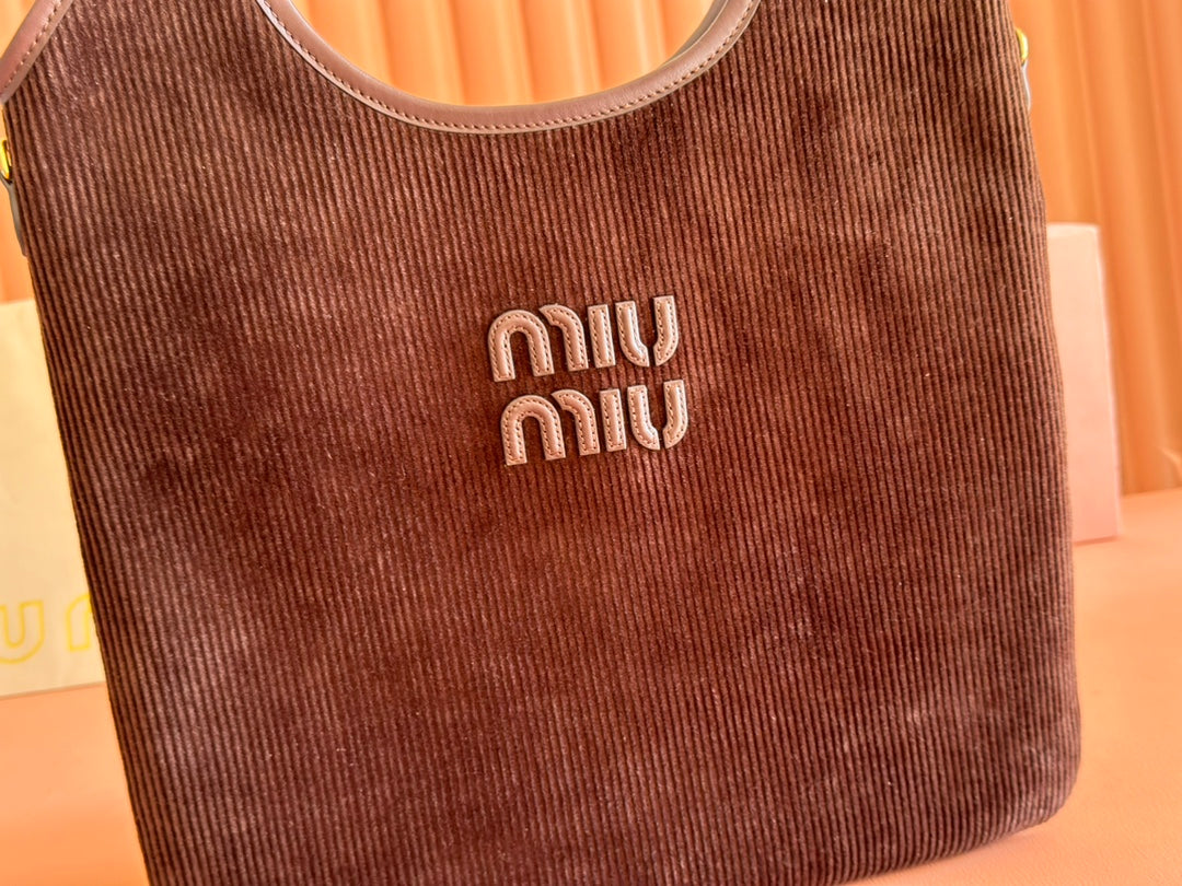 MIU MIU MIUMIU 26S IVY 40 TOTE IN CHOCOLATE BROWN CANVAS AND DARK BROWN CALFSKIN