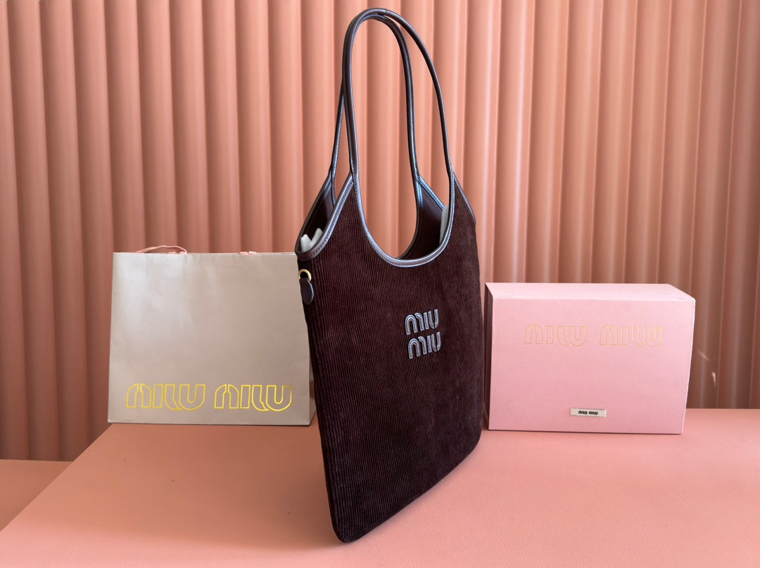 MIU MIU MIUMIU 26S IVY 40 TOTE IN CHOCOLATE BROWN CANVAS AND DARK BROWN CALFSKIN