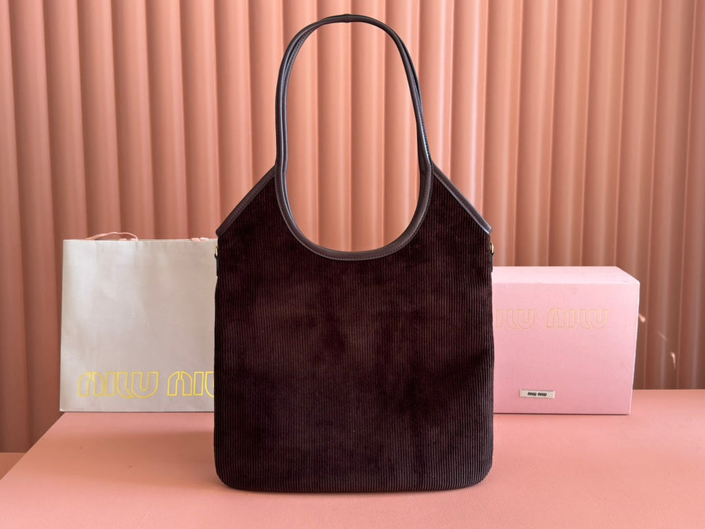 MIU MIU MIUMIU 26S IVY 40 TOTE IN CHOCOLATE BROWN CANVAS AND DARK BROWN CALFSKIN