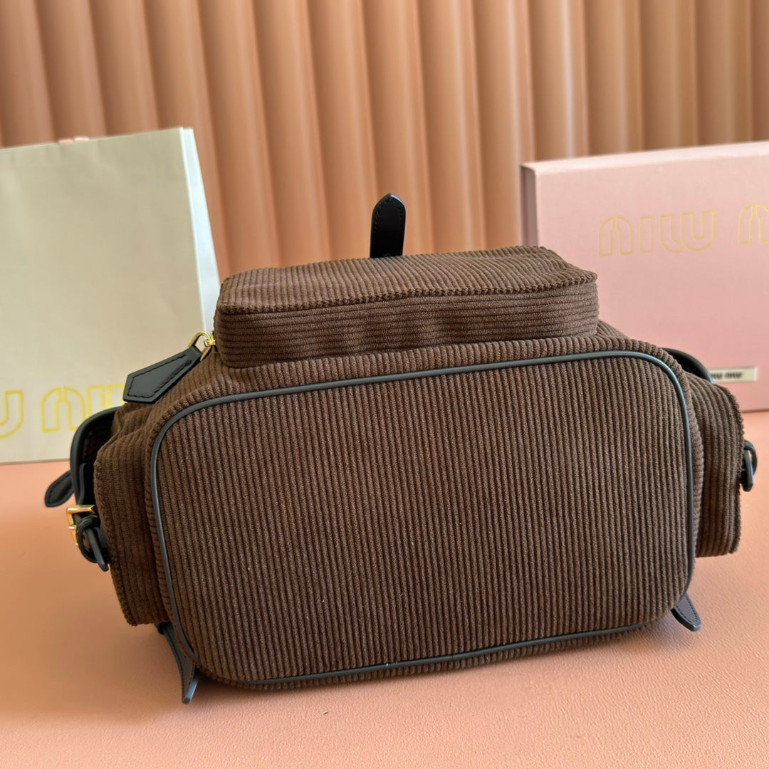 MIU MIU MIUMIU 26S MEDIUM BACKPACK 29 IN CHOCOLATE BROWN CANVAS BLACK CALFSKIN