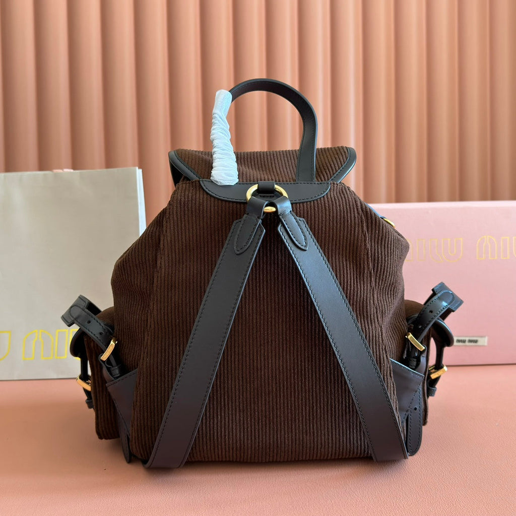 MIU MIU MIUMIU 26S MEDIUM BACKPACK 29 IN CHOCOLATE BROWN CANVAS BLACK CALFSKIN