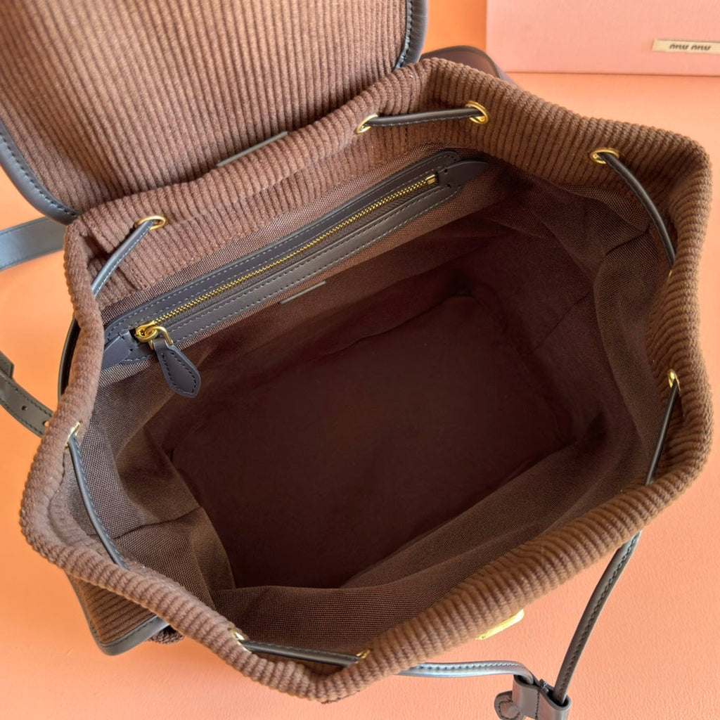 MIU MIU MIUMIU 26S MEDIUM BACKPACK 29 IN CHOCOLATE BROWN CANVAS BLACK CALFSKIN