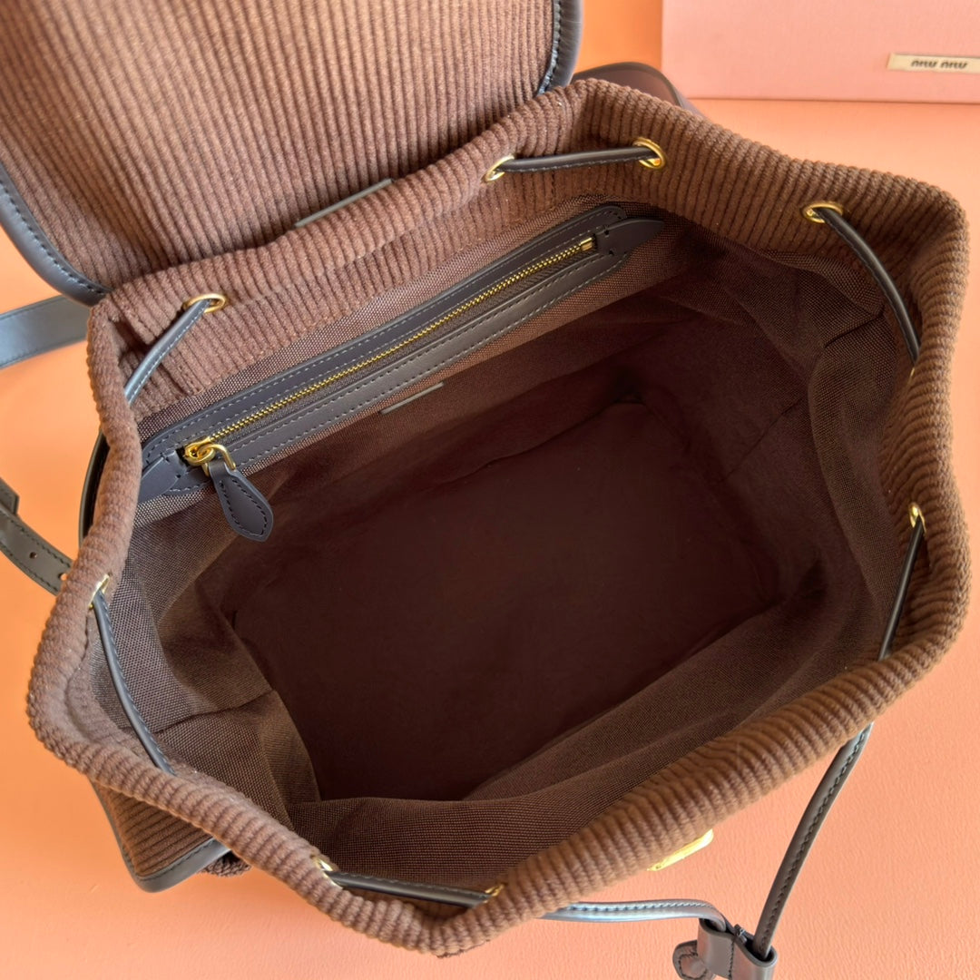 MIU MIU MIUMIU 26S MEDIUM BACKPACK 29 IN CHOCOLATE BROWN CANVAS BLACK CALFSKIN