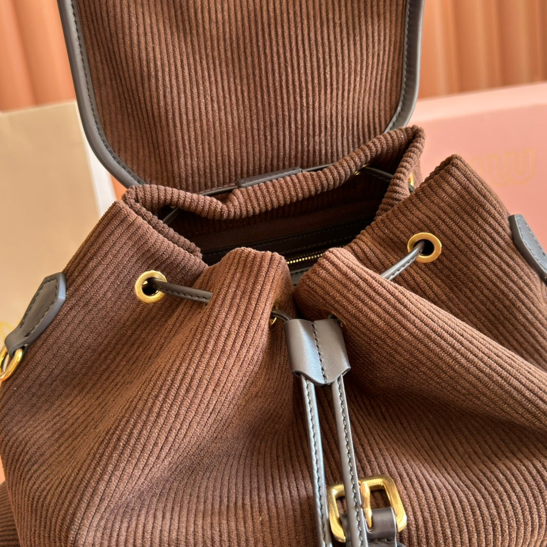 MIU MIU MIUMIU 26S MEDIUM BACKPACK 29 IN CHOCOLATE BROWN CANVAS BLACK CALFSKIN